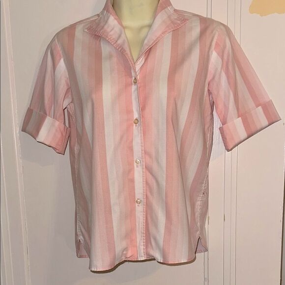 Vintage 60s Bobbie Brooks Pink & White Vertical Striped Short Sleeve Shirt - Picture 1 of 8